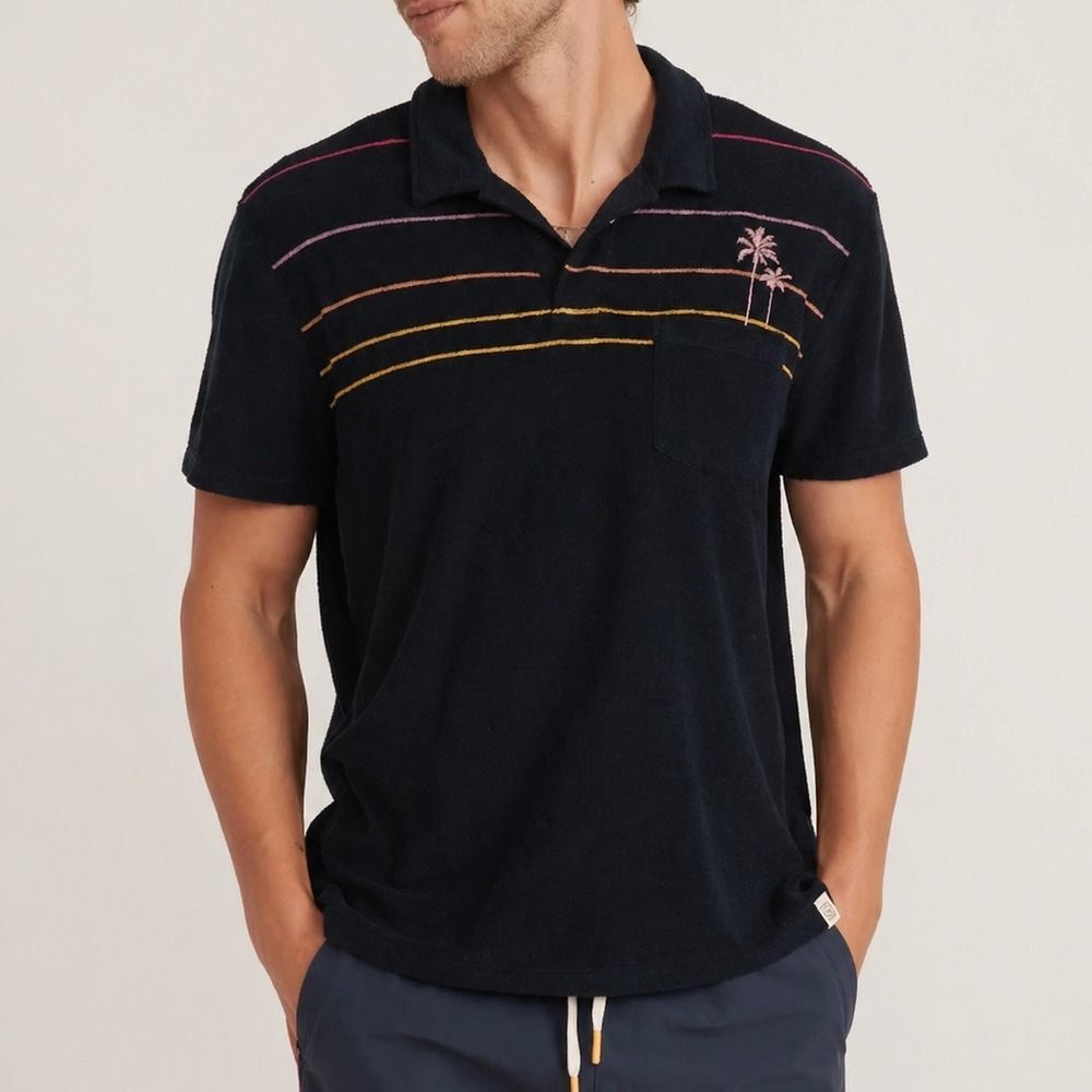 Marine Layer Terry Polo Shirt Men's Small Navy Stripe Palm Casual Beach Style